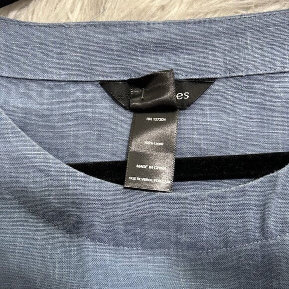 Ali Miles 100% Linen Blue Chambra Polka Dot Artsy Pointed Hem Tab Sleeve Top S - Picture 10 of 12